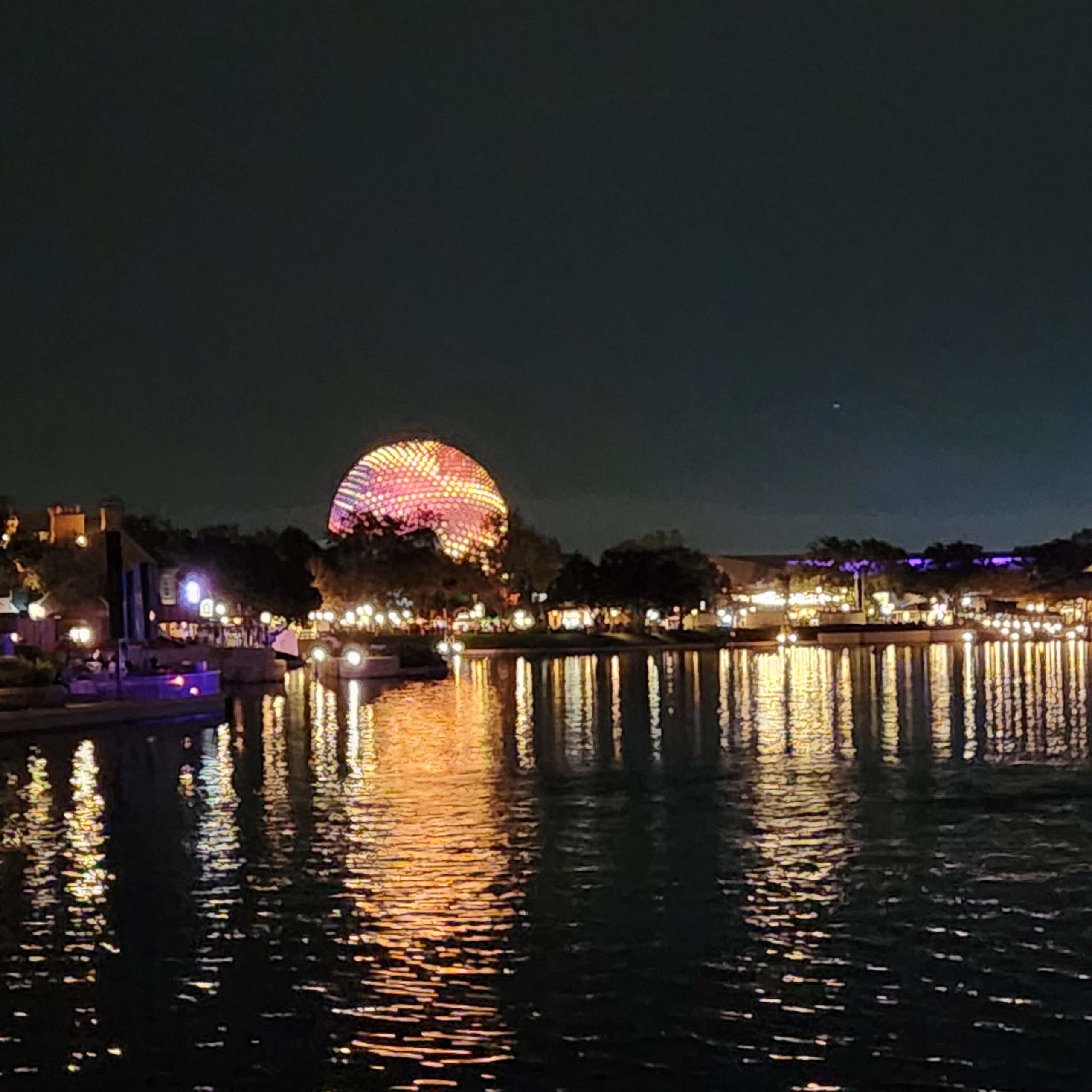 Spaceship Earth at Night from across the lagoon
